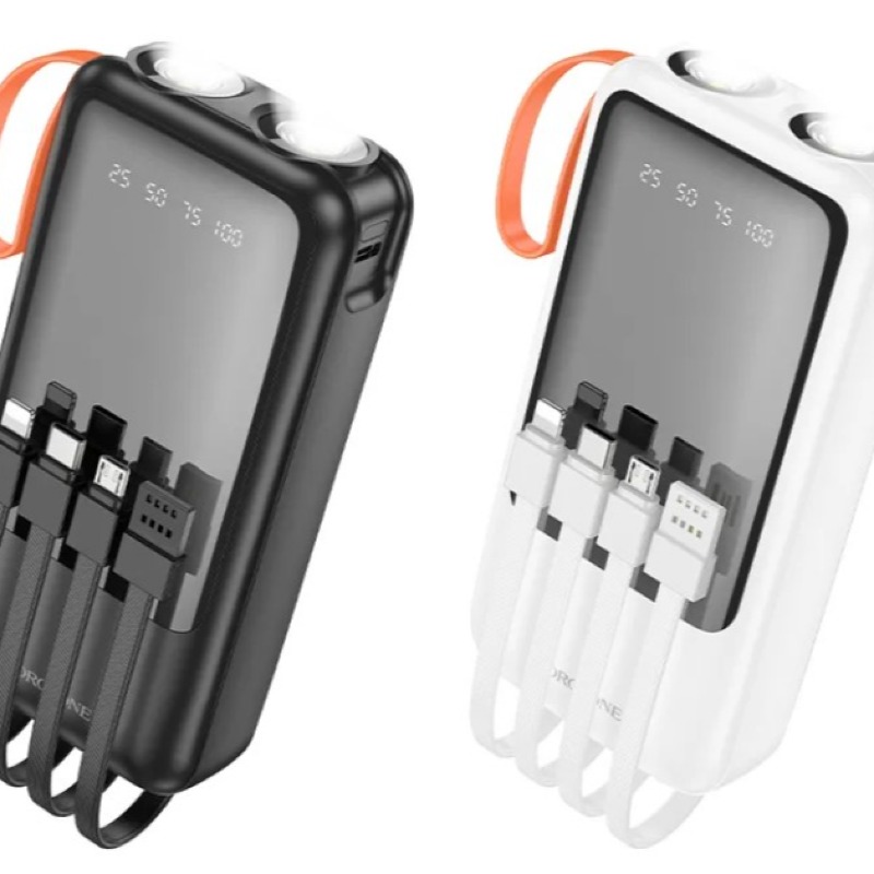 Power Bank BOROFONE BJ60A 20000mAh pour lampe de poche avec 4 câbles IP/Type-C Sorties multiples Alimentation pour téléphone portable Affichage LED