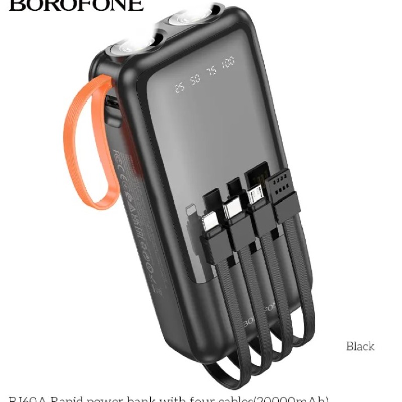 Power Bank BOROFONE BJ60A 20000mAh pour lampe de poche avec 4 câbles IP/Type-C Sorties multiples Alimentation pour téléphone portable Affichage LED