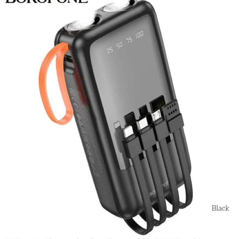 Power Bank BOROFONE BJ60A 20000mAh pour lampe de poche avec 4 câbles IP/Type-C Sorties multiples Alimentation pour téléphone portable Affichage LED