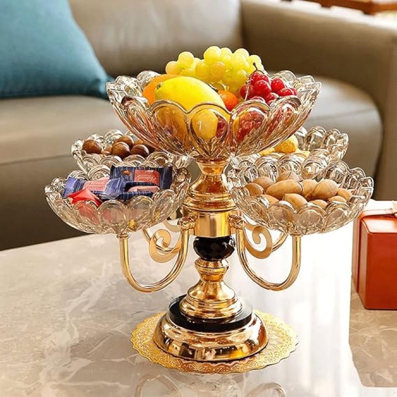 Corbeille à fruits en métal et cristal - 5 têtes rotatives - Style européen - Beau cadeau de mariage, fournitures de fête, plateaux à fruits