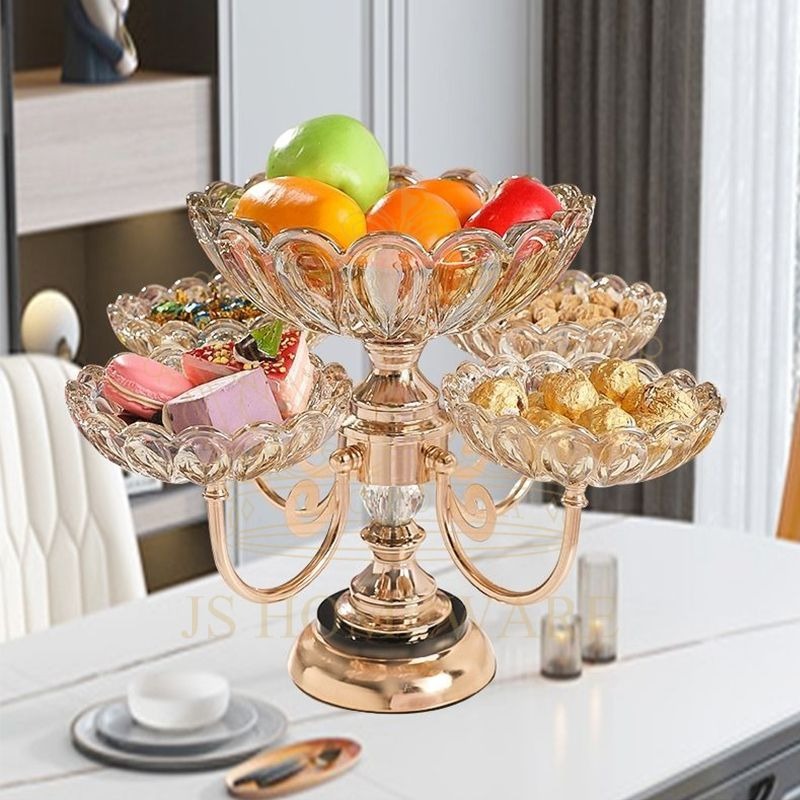 Corbeille à fruits en métal et cristal - 5 têtes rotatives - Style européen - Beau cadeau de mariage, fournitures de fête, plateaux à fruits