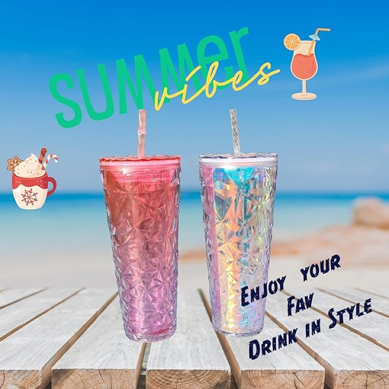 TRIPLE Gobelet réutilisable avec paille et couvercle, tasse à café glacé à double paroi pour tasse d'eau froide, granité, smoothie, boissons d'été préférées pour les enfants, les adolescents