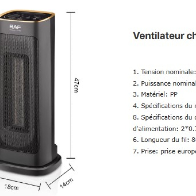 Ventilateur de chauffage Bureau, Portable 	Thermostat réglable