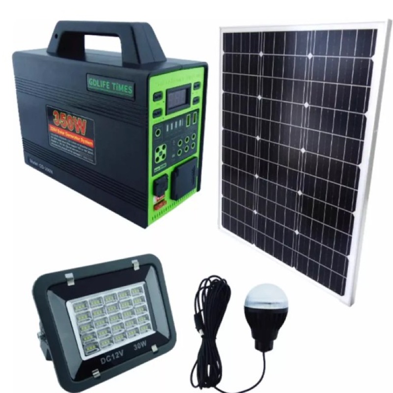 Générateur Solaire 350W, Kit complet (4ampoules, un projecteur , panneau solaire, chargeur électrique ) model 350m. peut alimenter une TV et autre appareil 