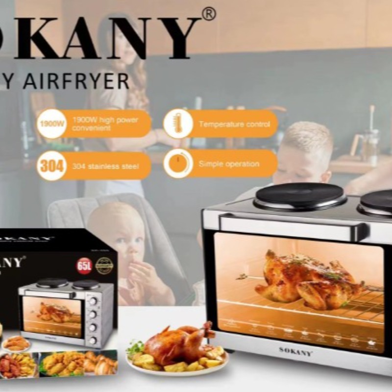 Four à rôtisserie électrique deux en  un de 65 litres de marque premium Sokany avec Plaque de cuisson, grille de four, plateau 