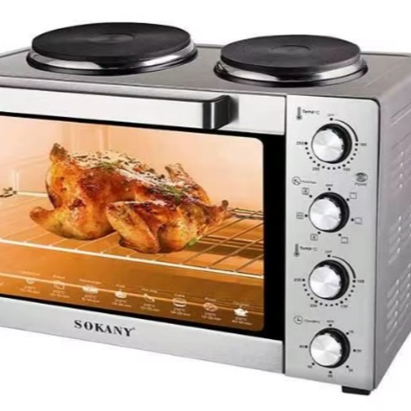 Four à rôtisserie électrique deux en  un de 65 litres de marque premium Sokany avec Plaque de cuisson, grille de four, plateau 