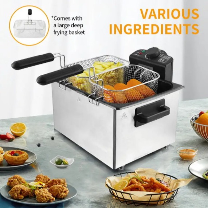 Friteuse électrique 5 litres 2  paniers à friture, température réglable, acier inoxydable, parfaite pour le poulet de cuisine, le poisson frit, les frites