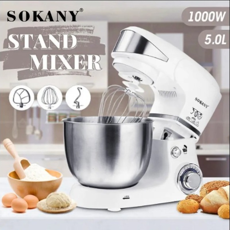 Robot Pâtissier, Robot Pétrin Multifonction, Mixeur Batteur Électrique 6 Vitesses Réglables, Robot Pétrisseur avec Kit pâtisserie (Fouet Batteur Crochet Spatule) (1000W-5L-Blanc)