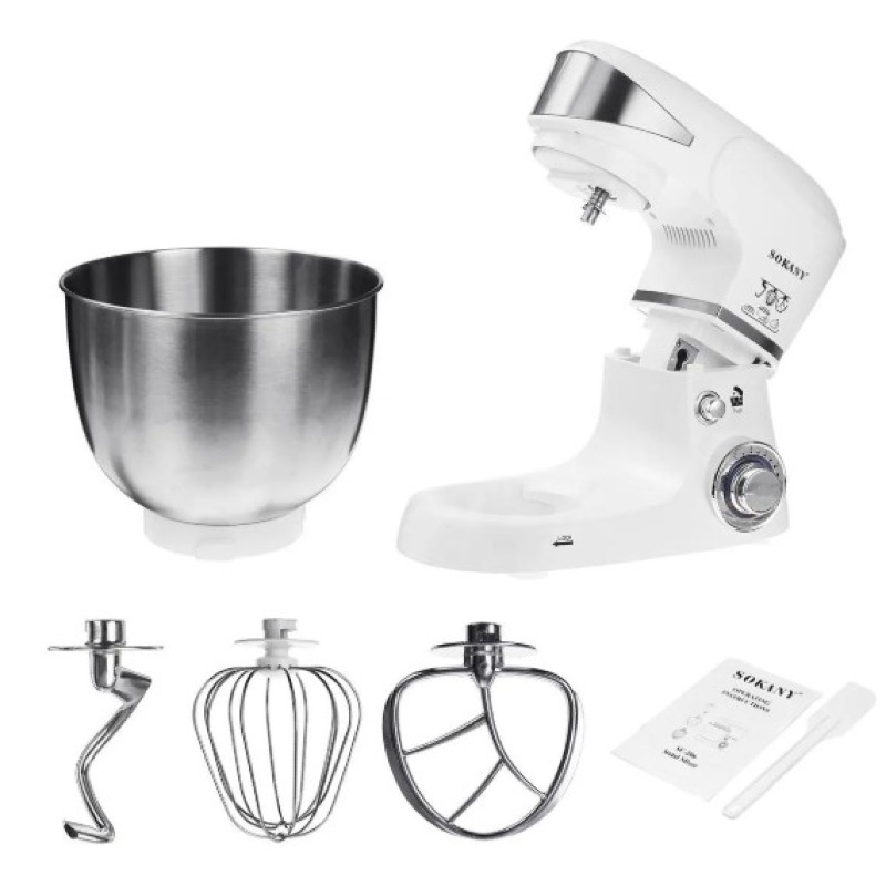 Robot Pâtissier, Robot Pétrin Multifonction, Mixeur Batteur Électrique 6 Vitesses Réglables, Robot Pétrisseur avec Kit pâtisserie (Fouet Batteur Crochet Spatule) (1000W-5L-Blanc)