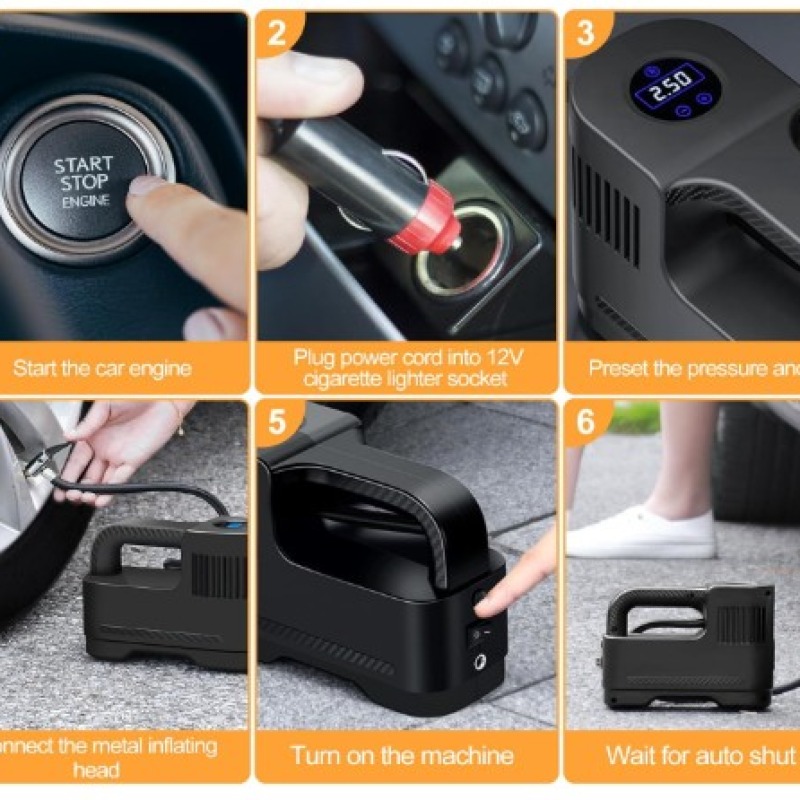 Pompe de pneu de voiture 12 V Compresseur d'air électrique avec 3 adaptateurs de buse Manomètre et lumière LED pour un gonflage rapide Convient pour voiture vélo moto