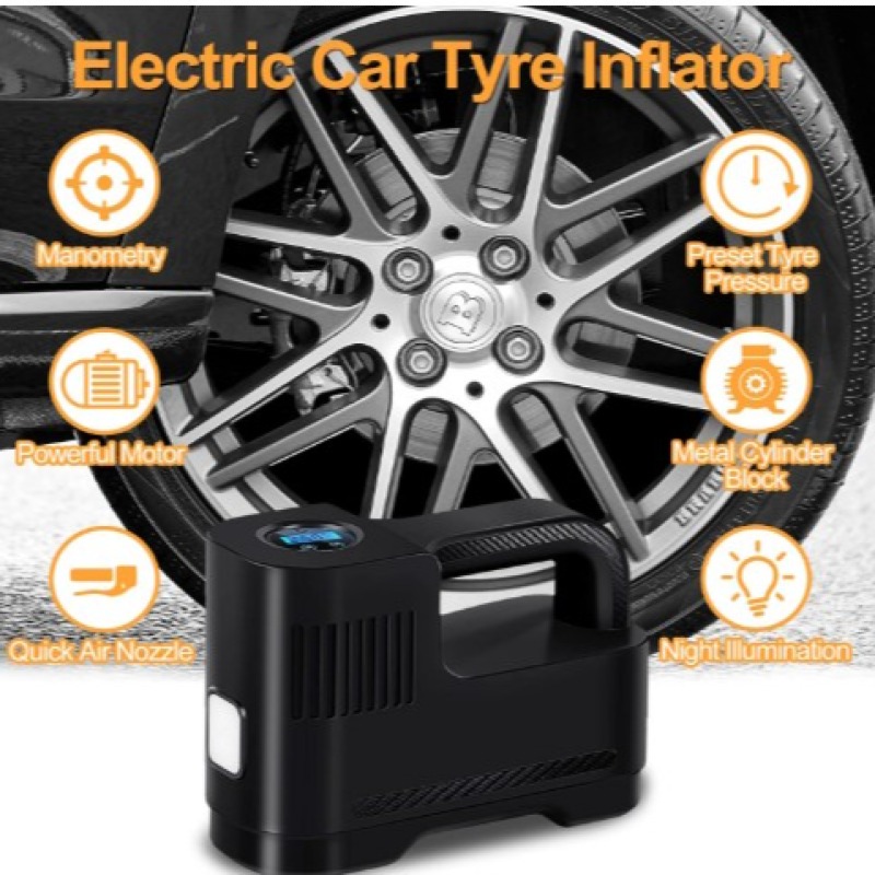 Pompe de pneu de voiture 12 V Compresseur d'air électrique avec 3 adaptateurs de buse Manomètre et lumière LED pour un gonflage rapide Convient pour voiture vélo moto