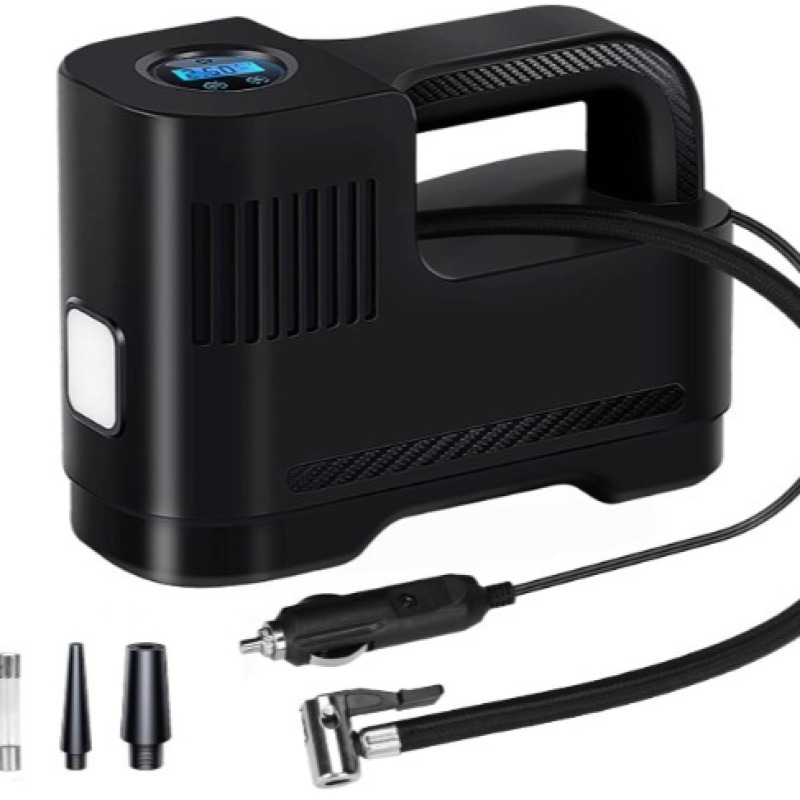 Pompe de pneu de voiture 12 V Compresseur d'air électrique avec 3 adaptateurs de buse Manomètre et lumière LED pour un gonflage rapide Convient pour voiture vélo moto
