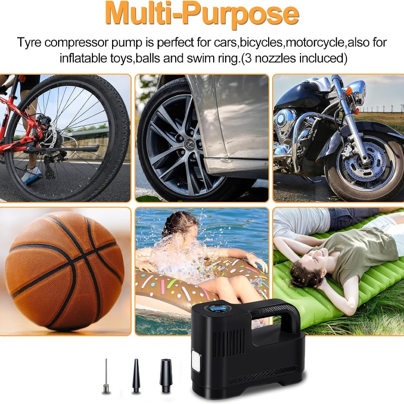 Pompe de pneu de voiture 12 V Compresseur d'air électrique avec 3 adaptateurs de buse Manomètre et lumière LED pour un gonflage rapide Convient pour voiture vélo moto