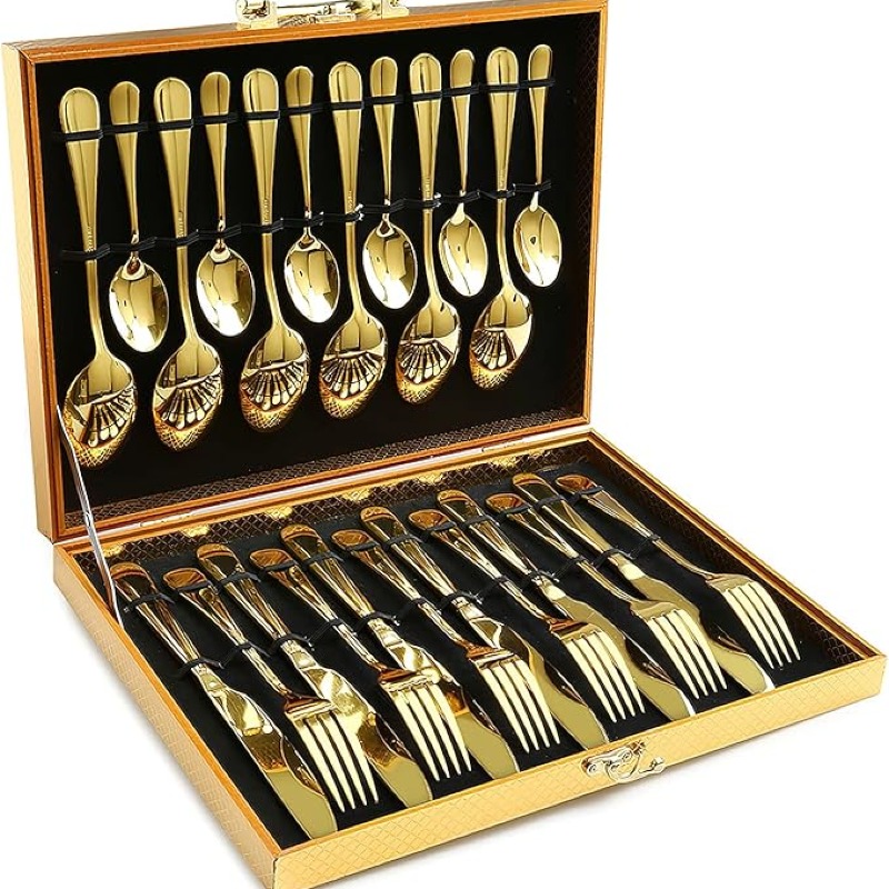 Ménagère 24 pièces en acier inoxydable forgé doré, service pour 6 personnes