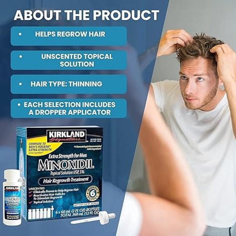 6 bouteilles  de croissance capillaire Kirkland avec 5 % de minoxidil, favorise la croissance des cheveux, pour hommes, 6 mois d'approvisionnement
