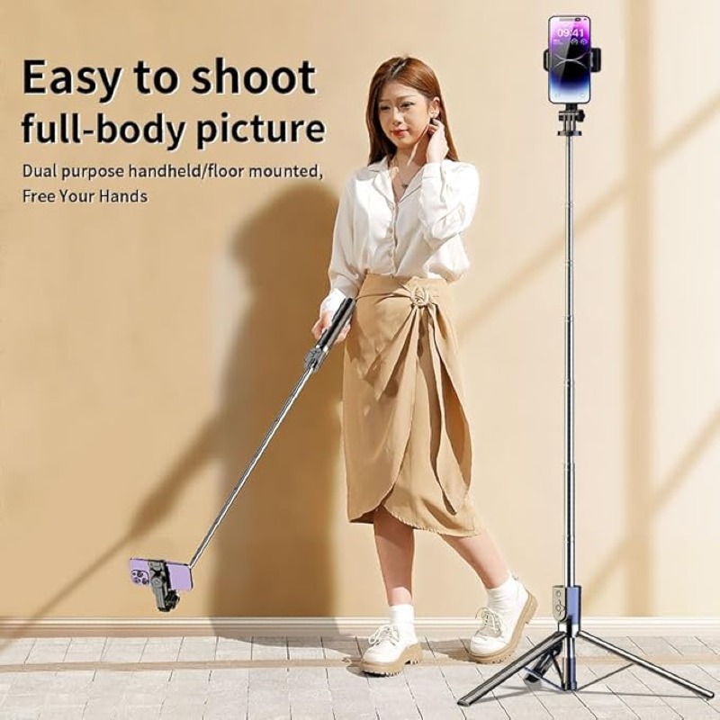 Trépied professionnel pour selfie stick – 1,7 m de haut, robuste et portable pour la photographie et les médias sociaux, déclencheur à distance Bluetooth pour iPhone, Samsung et...