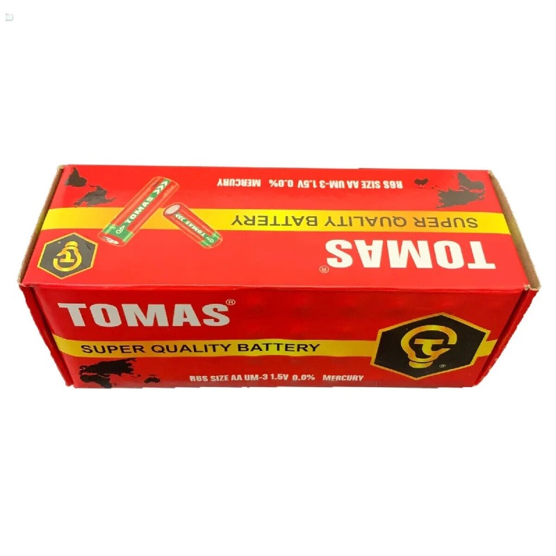 Lot de 12 piles AA de la marque Tomas utilisées dans de nombreux appareils tels que les télécommandes, les jouets, les horloges, et les lampes de poche.