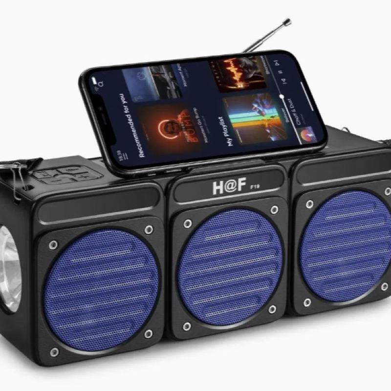 Enceinte Bluetooth sans fil, caisson de basses stéréo, avec panneaux solaires et lampe de poche, radio/TF/USB