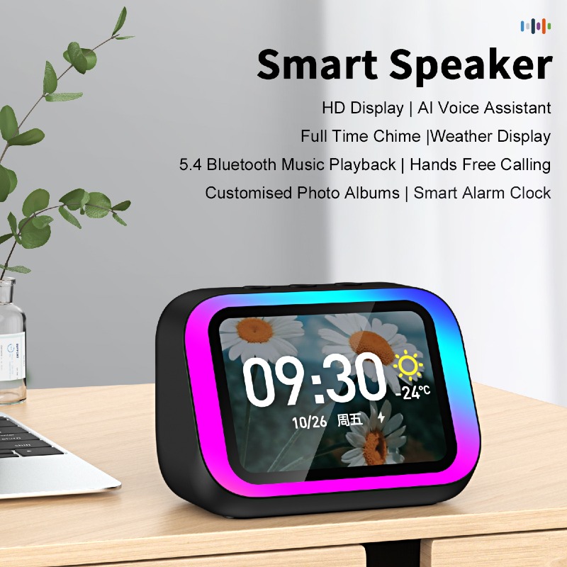 SMART SPEAKER avec ÉCRAN TACTILE MULTIFONCTION assistant vocal IA, contrôle par application, alarme intelligente, éclairage RVB, appels mains libres, enceinte Bluetooth portable pour bureau, maison