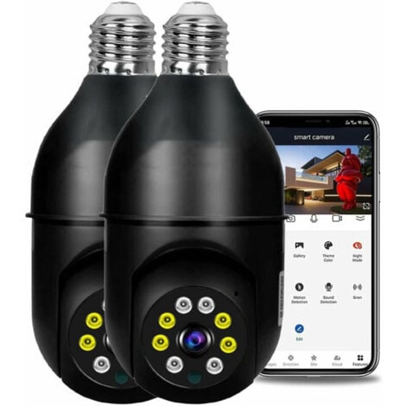 Lot de 2 Caméra Ampoule, 360 Degrés WiFi Extérieur avec Vision Nocturne