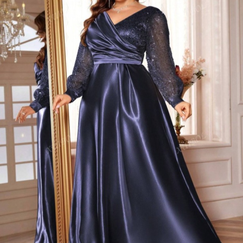 Robe de soirée en satin grande taille pour femme, manches longues, scintillante, pour soirée ou mariage