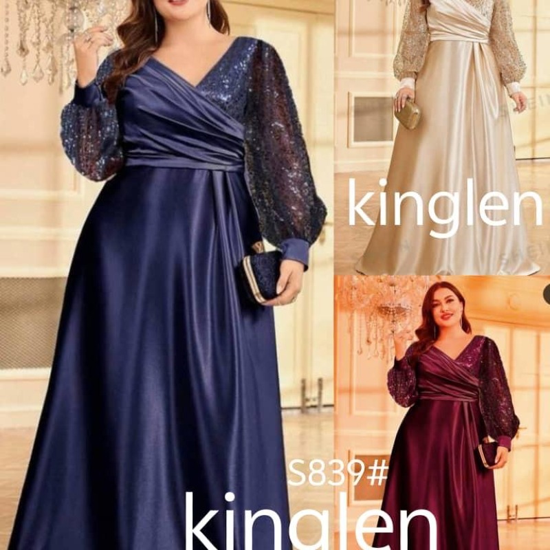 Robe de soirée en satin grande taille pour femme, manches longues, scintillante, pour soirée ou mariage