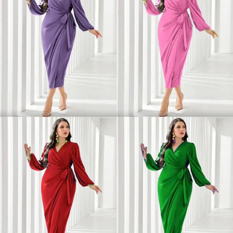  Robes de soirée longues avec manches lanterne, nœud sur le côté, enveloppantes