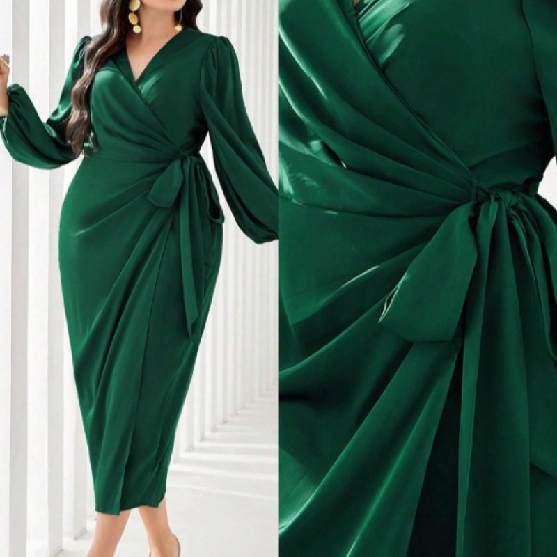  Robes de soirée longues avec manches lanterne, nœud sur le côté, enveloppantes