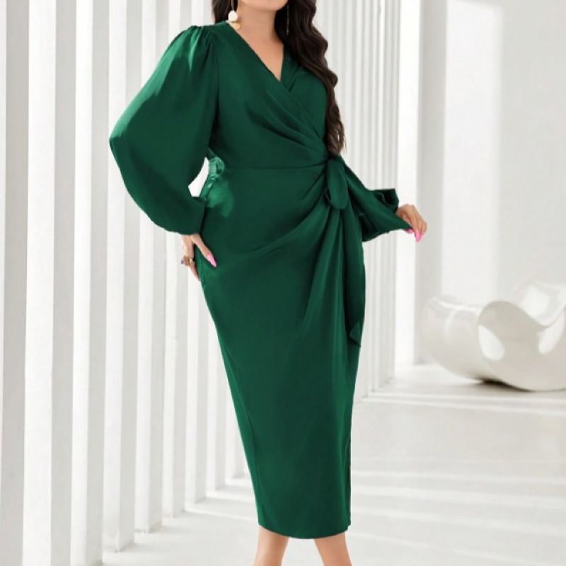  Robes de soirée longues avec manches lanterne, nœud sur le côté, enveloppantes