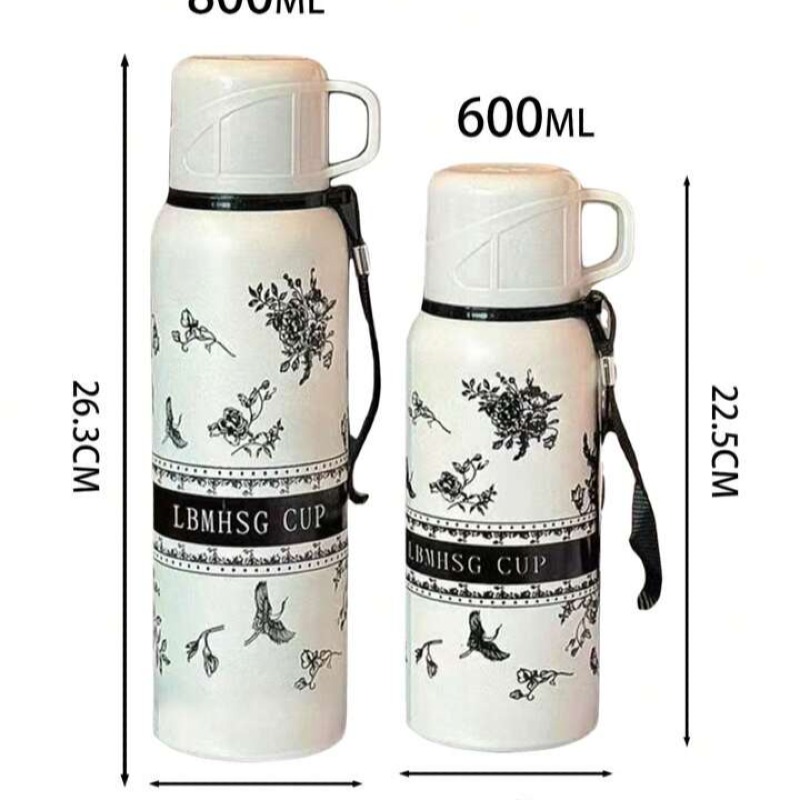 1 pièce Bouteille d'eau en acier inoxydable isolée de 600 ml/800 ml, blanche avec imprimé gardénia, double paroi sous vide. Bouteille d'eau isolée avec un couvercle pouvant être utilisé comme tasse, flacon haute qualité pour les sports de plein air avec g