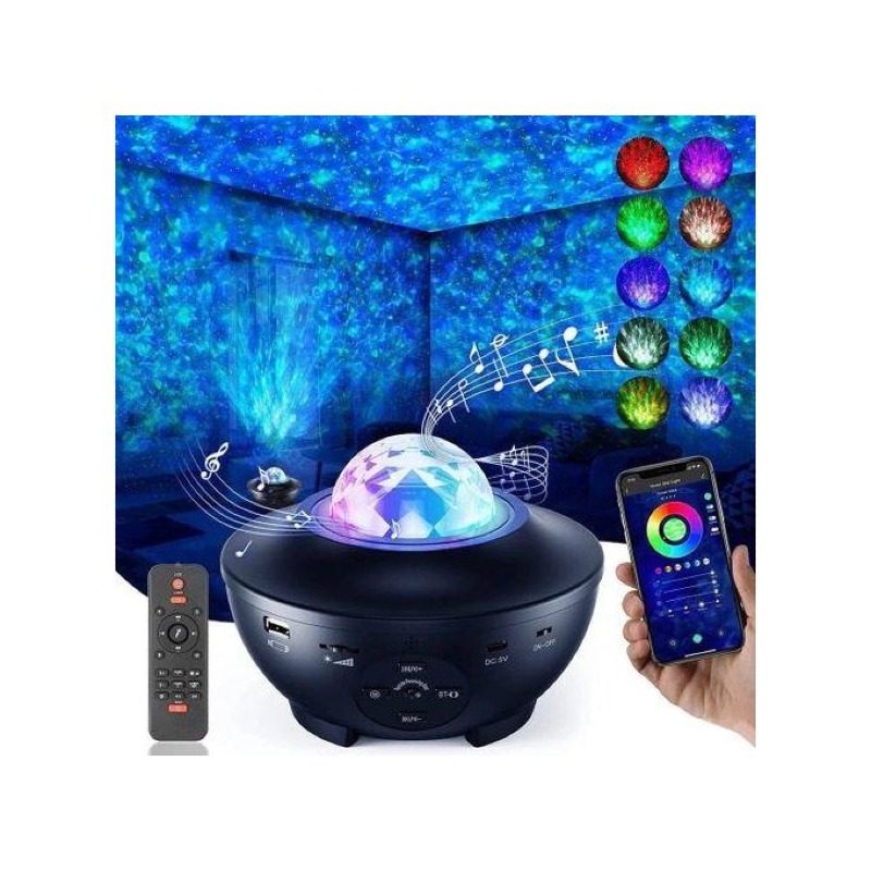 Projecteur d'étoiles noires avec télécommande pour chambre à coucher, projection de galaxie, projecteur de lumière nocturne 3-en-1 avec mouvement de nébuleuse LED et vagues de mer, haut-parleur de musique sans fil intégré pour salle de jeux adulte, cinéma