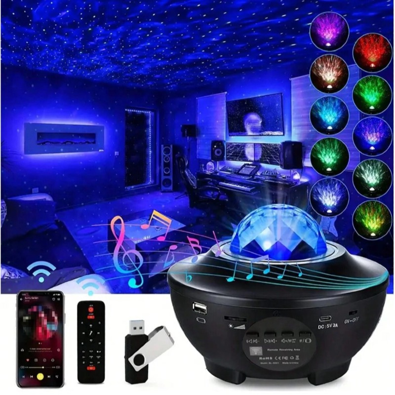 Projecteur d'étoiles noires avec télécommande pour chambre à coucher, projection de galaxie, projecteur de lumière nocturne 3-en-1 avec mouvement de nébuleuse LED et vagues de mer, haut-parleur de musique sans fil intégré pour salle de jeux adulte, cinéma