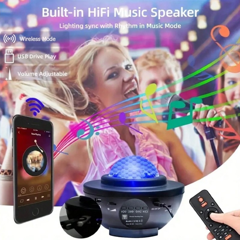 Projecteur d'étoiles noires avec télécommande pour chambre à coucher, projection de galaxie, projecteur de lumière nocturne 3-en-1 avec mouvement de nébuleuse LED et vagues de mer, haut-parleur de musique sans fil intégré pour salle de jeux adulte, cinéma