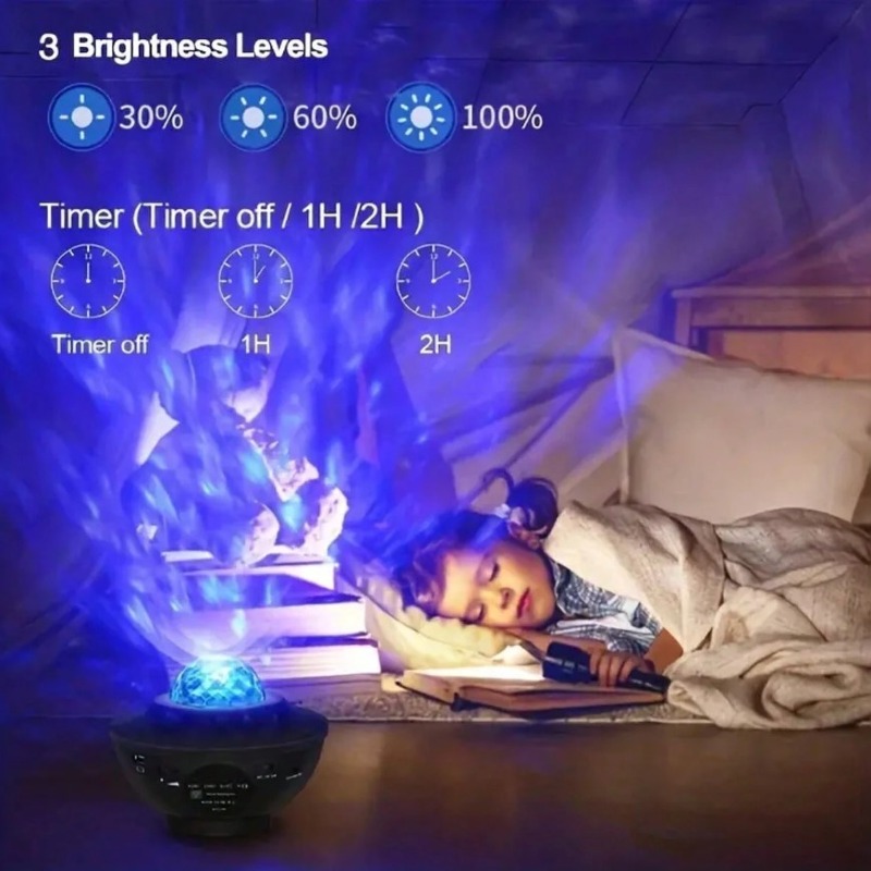 Projecteur d'étoiles noires avec télécommande pour chambre à coucher, projection de galaxie, projecteur de lumière nocturne 3-en-1 avec mouvement de nébuleuse LED et vagues de mer, haut-parleur de musique sans fil intégré pour salle de jeux adulte, cinéma