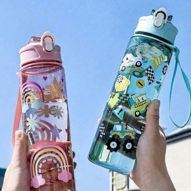 Bouteille d'eau pour enfants, dinosaure, arc-en-ciel, 1 pièce bouteille d'eau motif animal de bande dessinée mignon - 800 ml, tasse à paille, avec corde de levage, étanche, résistante aux chocs, portable - convient pour les voyages, les activités extérieu