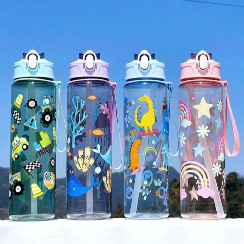 Bouteille d'eau pour enfants, dinosaure, arc-en-ciel, 1 pièce bouteille d'eau motif animal de bande dessinée mignon - 800 ml, tasse à paille, avec corde de levage, étanche, résistante aux chocs, portable - convient pour les voyages, les activités extérieu
