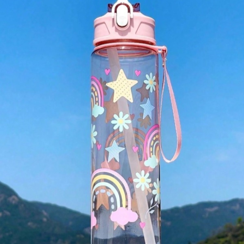 Bouteille d'eau pour enfants, dinosaure, arc-en-ciel, 1 pièce bouteille d'eau motif animal de bande dessinée mignon - 800 ml, tasse à paille, avec corde de levage, étanche, résistante aux chocs, portable - convient pour les voyages, les activités extérieu