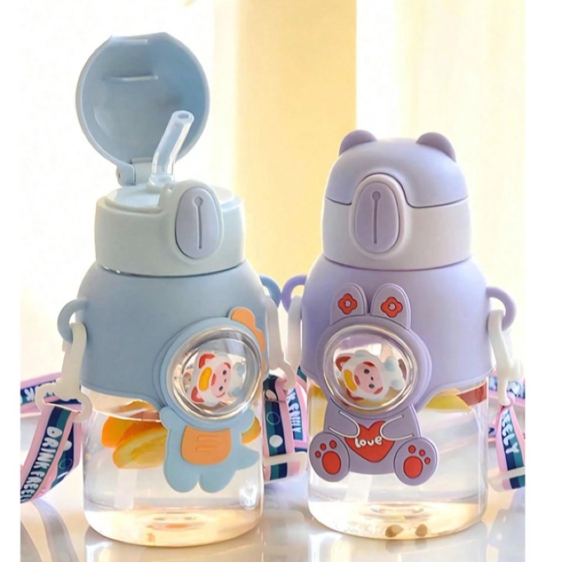  Bouteille d'eau 3D Animal - Bouteille d'eau 3D Poupée - Tasse à paille de dessin animé portable - Tasse à paille à sangle rebondissante - Jolie tasse d'eau pour garçons et filles - Design mignon de lapin/dinosaure/astronaute, cruche de sport étanche avec