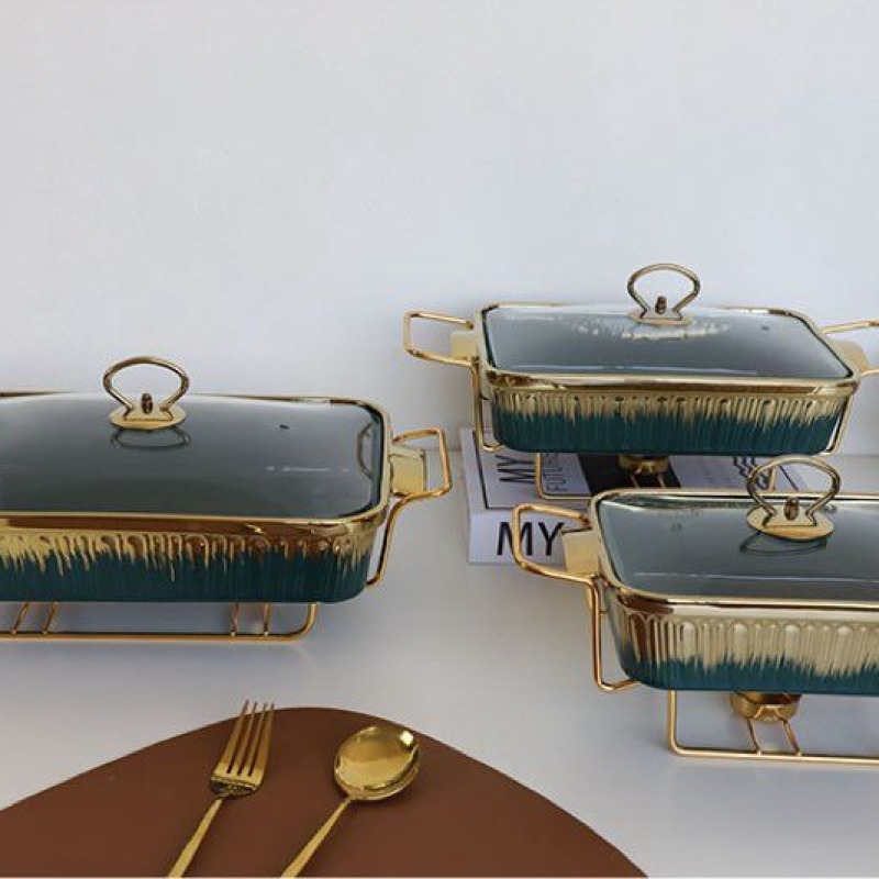 3 Chauffe-Plat de Luxe en Céramique Dorée pour Buffet avec Réchaud à Bougie