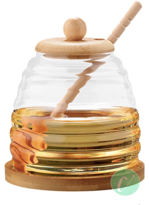 Bocal à Miel Dzmuero avec Cuillère & Couvercle en Bois – Élégance Naturelle pour Vos Douceurs !